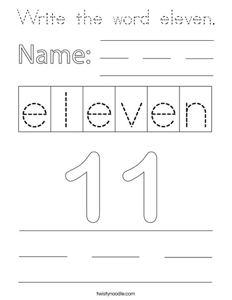 Write the word eleven. Coloring Page