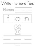 Write the word fan. Coloring Page