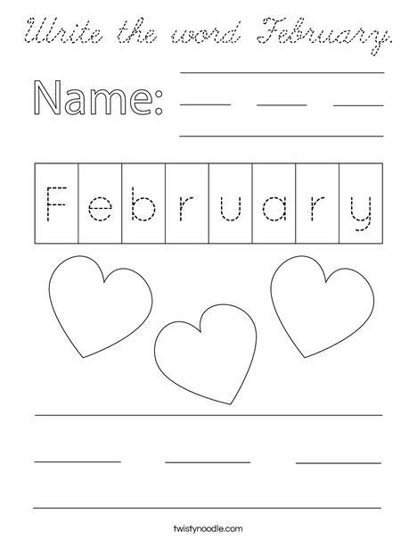Write the word February. Coloring Page