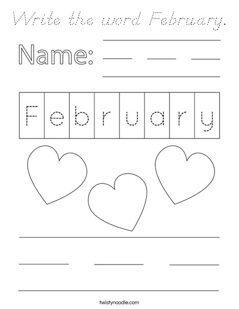 Write the word February. Coloring Page