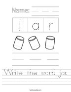 Write the word jar Handwriting Sheet