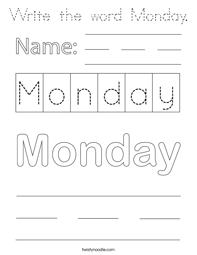 Write the word Monday. Coloring Page