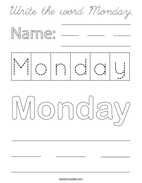 Write the word Monday. Coloring Page