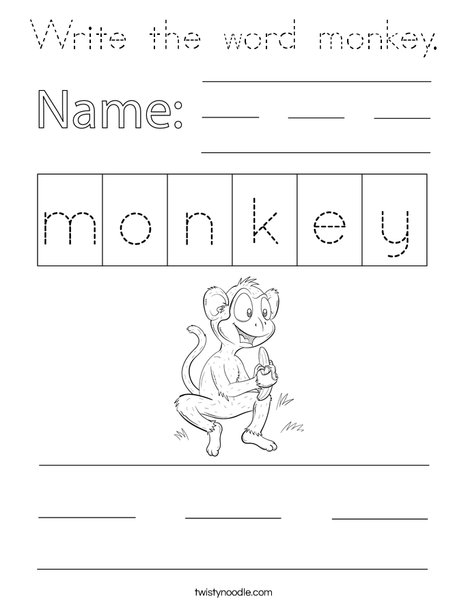 Write the word monkey. Coloring Page