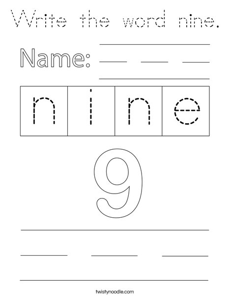 Write the word nine. Coloring Page