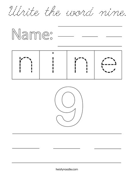 Write the word nine. Coloring Page