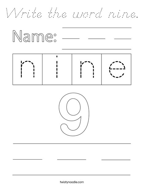Write the word nine. Coloring Page
