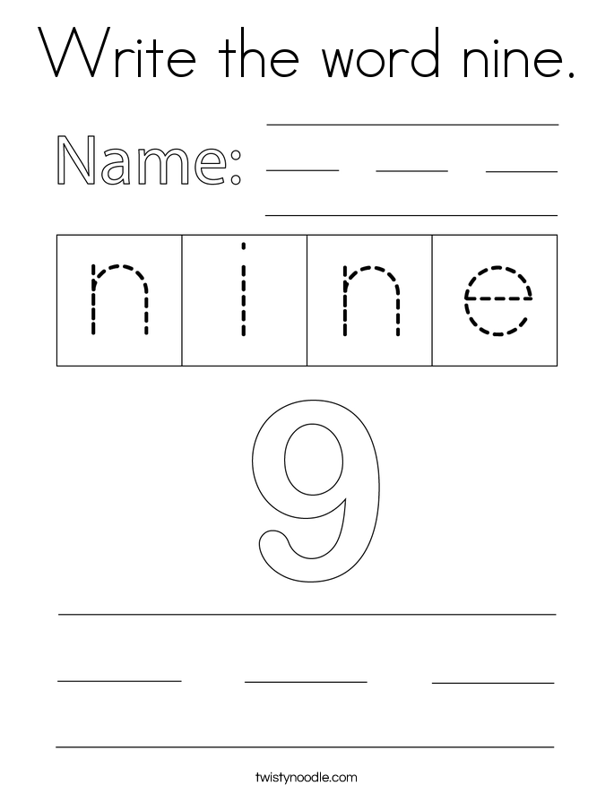 Write the word nine. Coloring Page