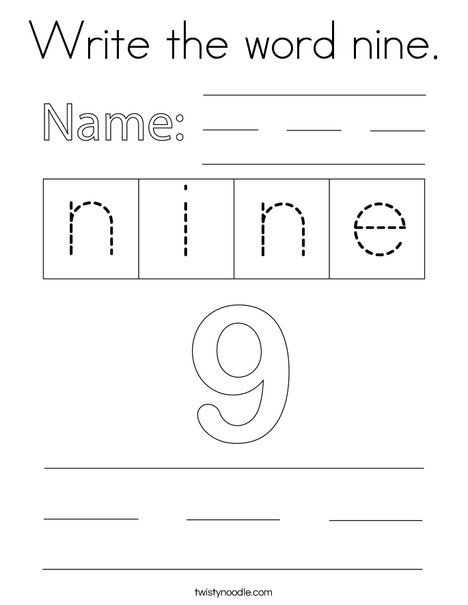 Write the word nine. Coloring Page