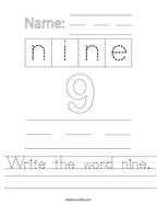 Write the word nine Handwriting Sheet