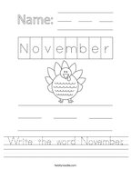 Write the word November Handwriting Sheet