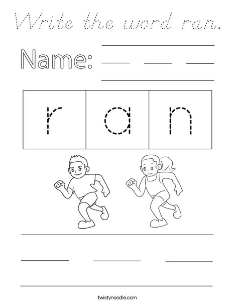 Write the word ran. Coloring Page