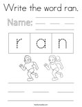Write the word ran. Coloring Page