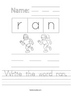 Write the word ran Handwriting Sheet