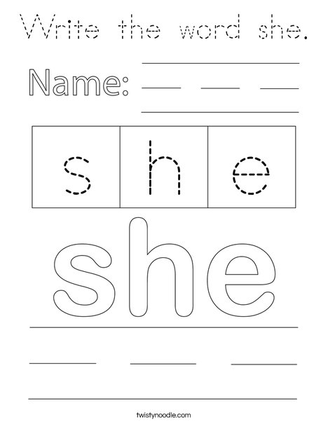 Write the word she. Coloring Page
