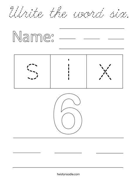 Write the word six. Coloring Page