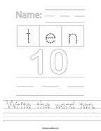 Write the word ten Handwriting Sheet