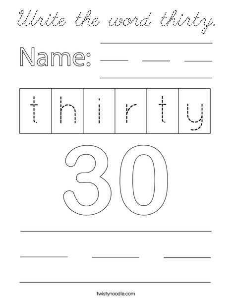 Write the word thirty. Coloring Page