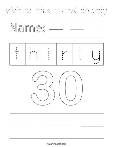 Write the word thirty. Coloring Page