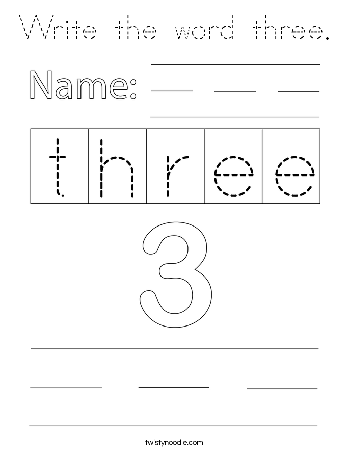 Write the word three. Coloring Page