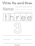 Write the word three Coloring Page