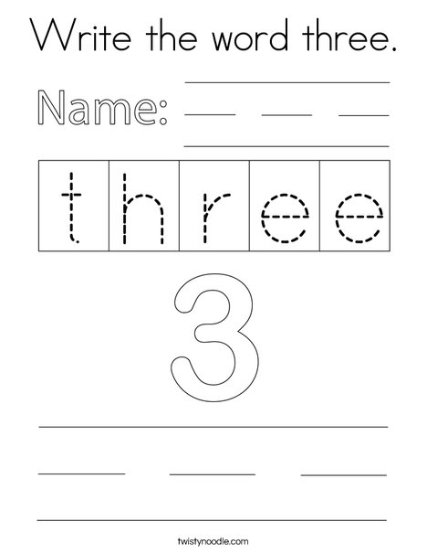 Write the word three. Coloring Page