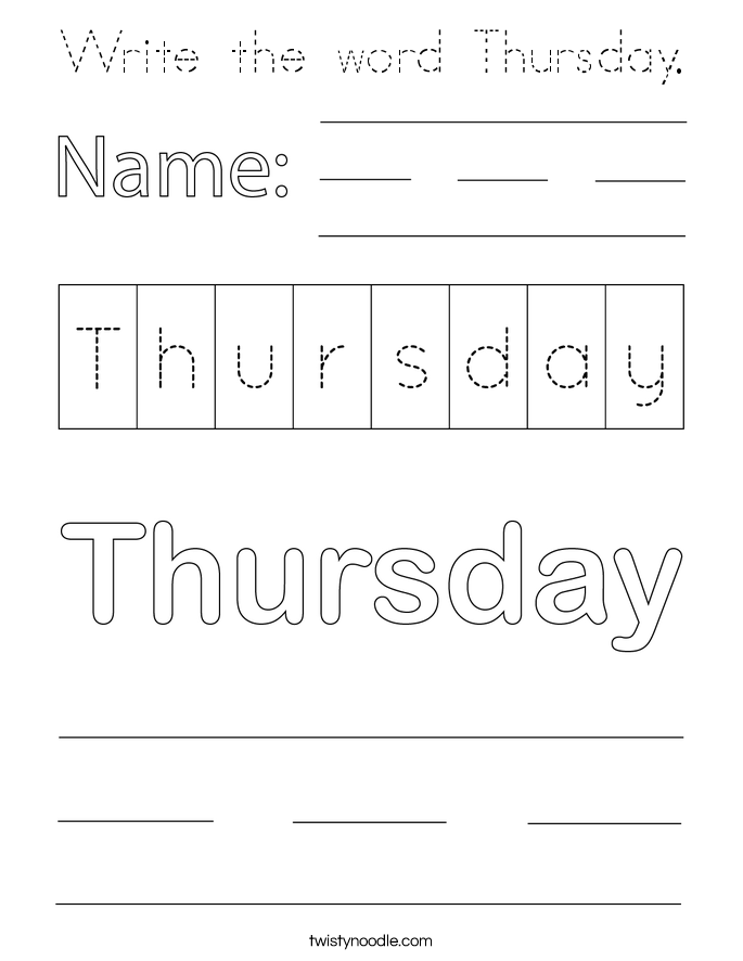 Write the word Thursday. Coloring Page