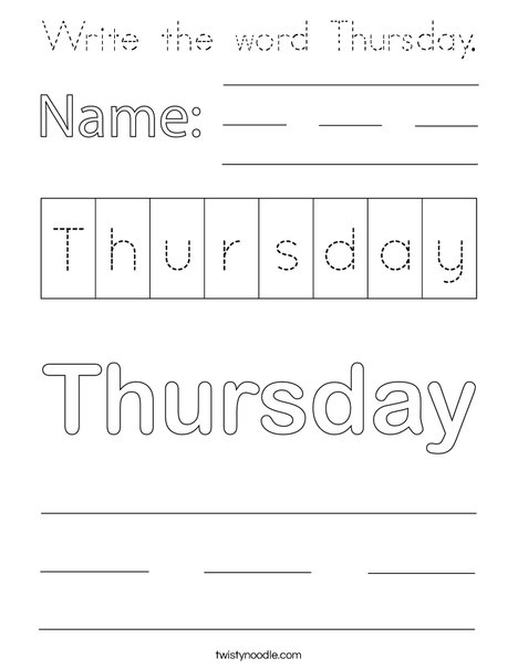 Write the word Thursday. Coloring Page