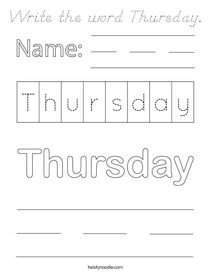 Write the word Thursday. Coloring Page