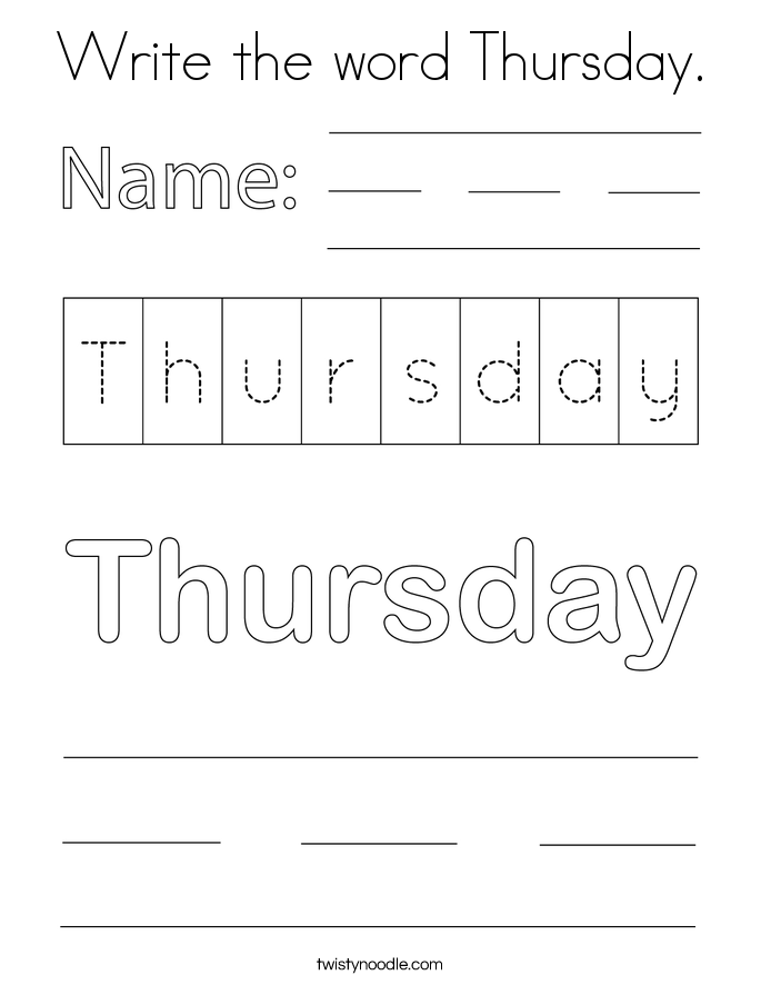 Write the word Thursday. Coloring Page