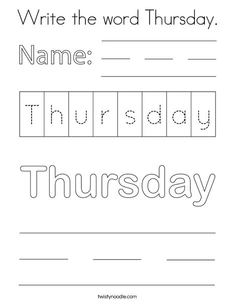 Write the word Thursday. Coloring Page