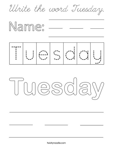 Write the word Tuesday. Coloring Page