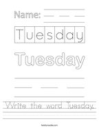 Write the word Tuesday Handwriting Sheet