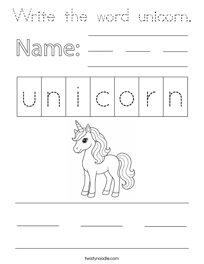 Write the word unicorn. Coloring Page
