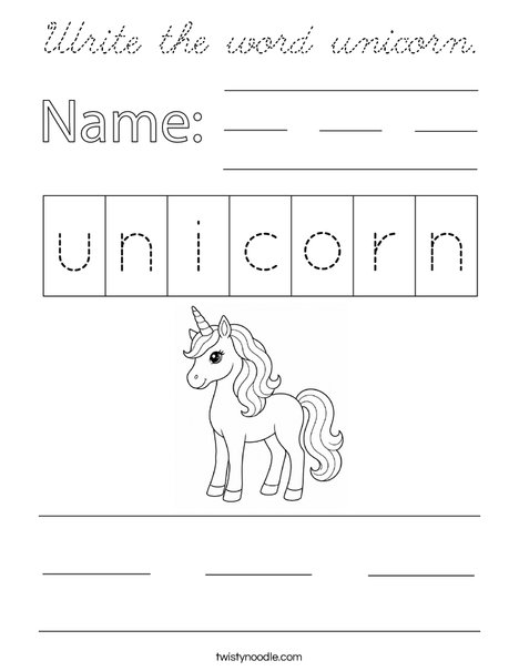 Write the word unicorn. Coloring Page