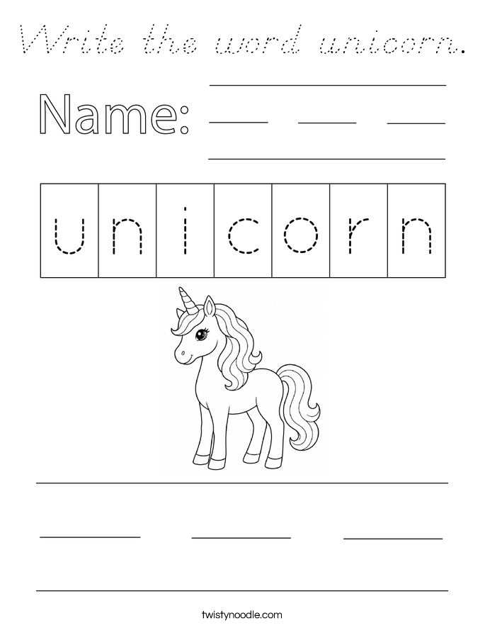 Write the word unicorn. Coloring Page