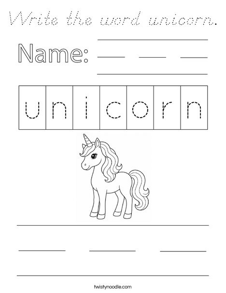 Write the word unicorn. Coloring Page