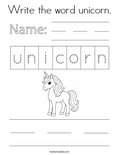 Write the word unicorn. Coloring Page