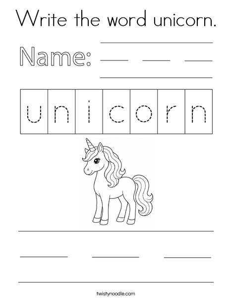Write the word unicorn. Coloring Page