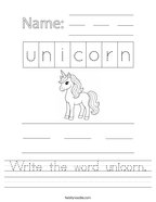 Write the word unicorn Handwriting Sheet