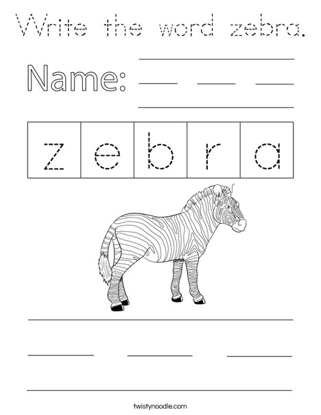 Write the word zebra. Coloring Page