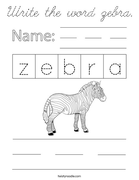 Write the word zebra. Coloring Page