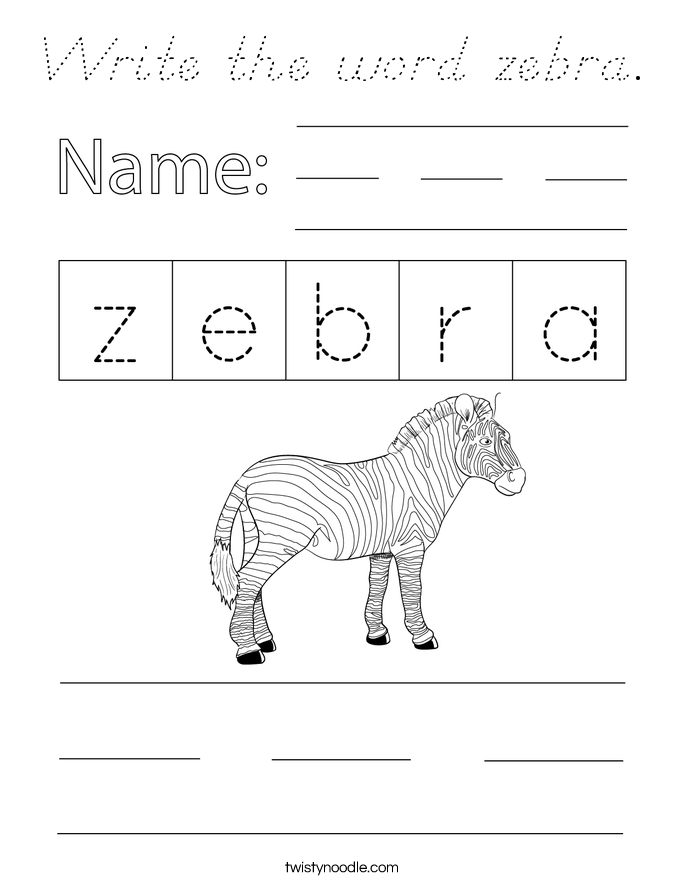 Write the word zebra. Coloring Page