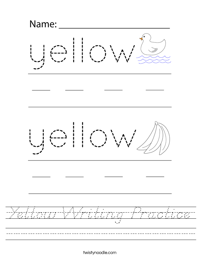 Yellow Writing Practice Worksheet - D'Nealian - Twisty Noodle