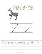 Zebra starts with Z Handwriting Sheet